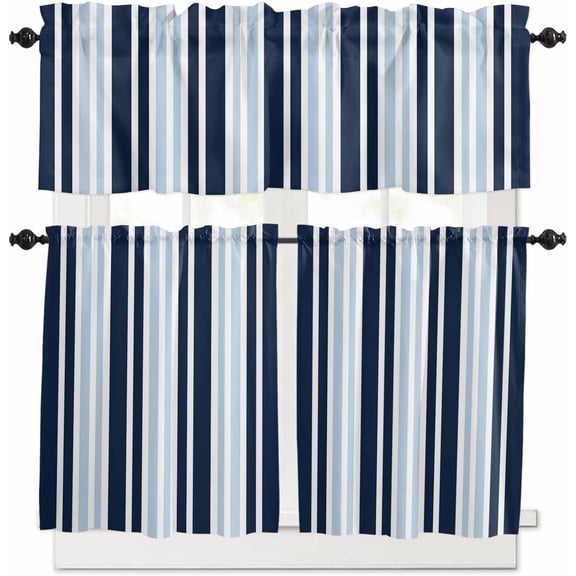 Navy Blue Grey Striped Kitchen Curtains, Modern Minimalist Ombre Lines 3-Piece Kitchen Curtain Valance and Tiers Set 36 Inch Length, Rod Pocket Half Window Curtains for Cafe Living Room Bathroom