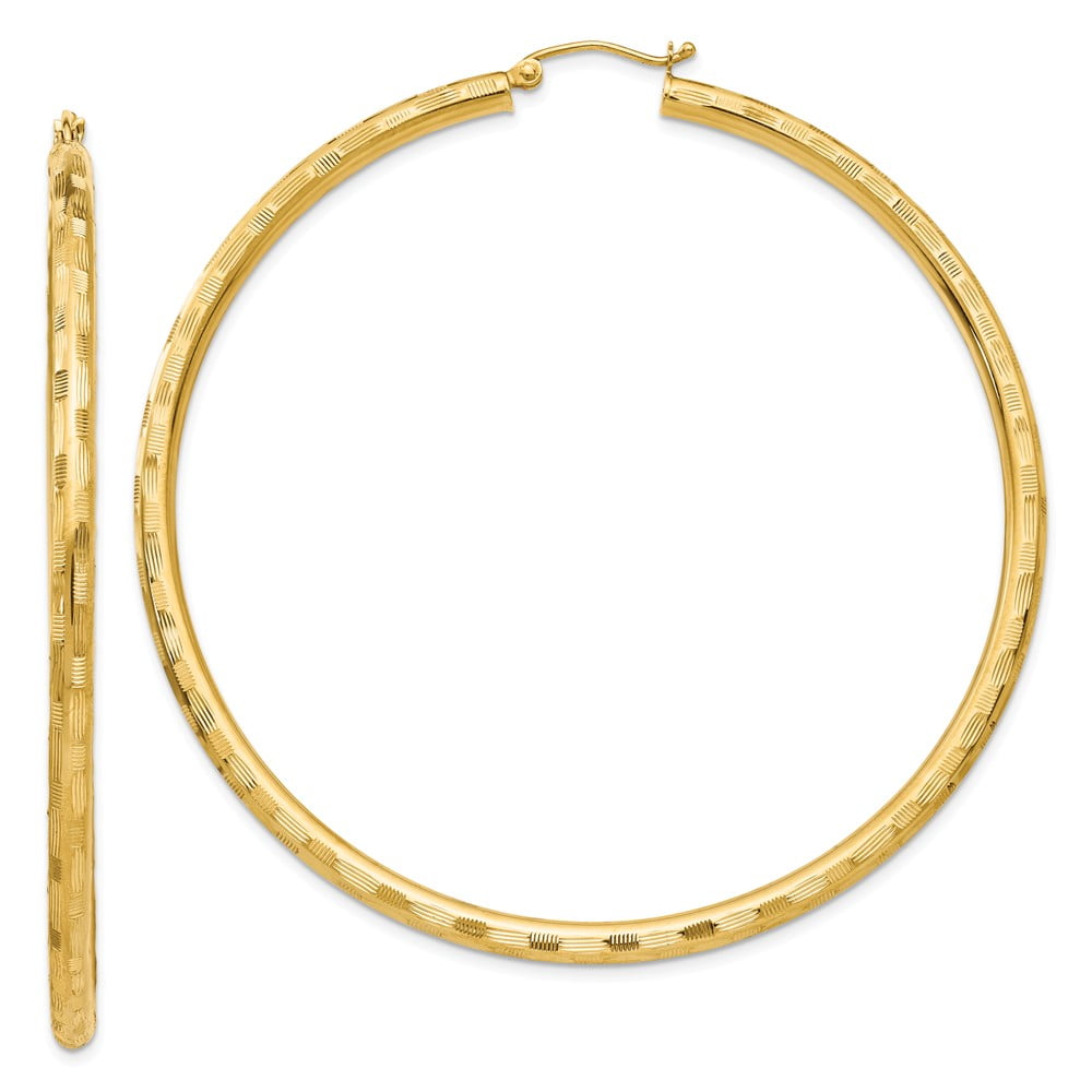 Solid 14k Yellow Gold Textured Hoop Earrings 65mm ショッピング特売