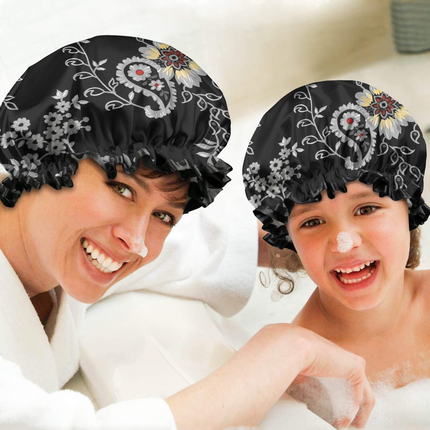 Shower Caps,Pioneer Flower Floral Print Pattern Waterproof Shower Cap for Women 4 Pieces,Double Reusable Hair Cover for Shower PEVA Elastic Stretch Hem