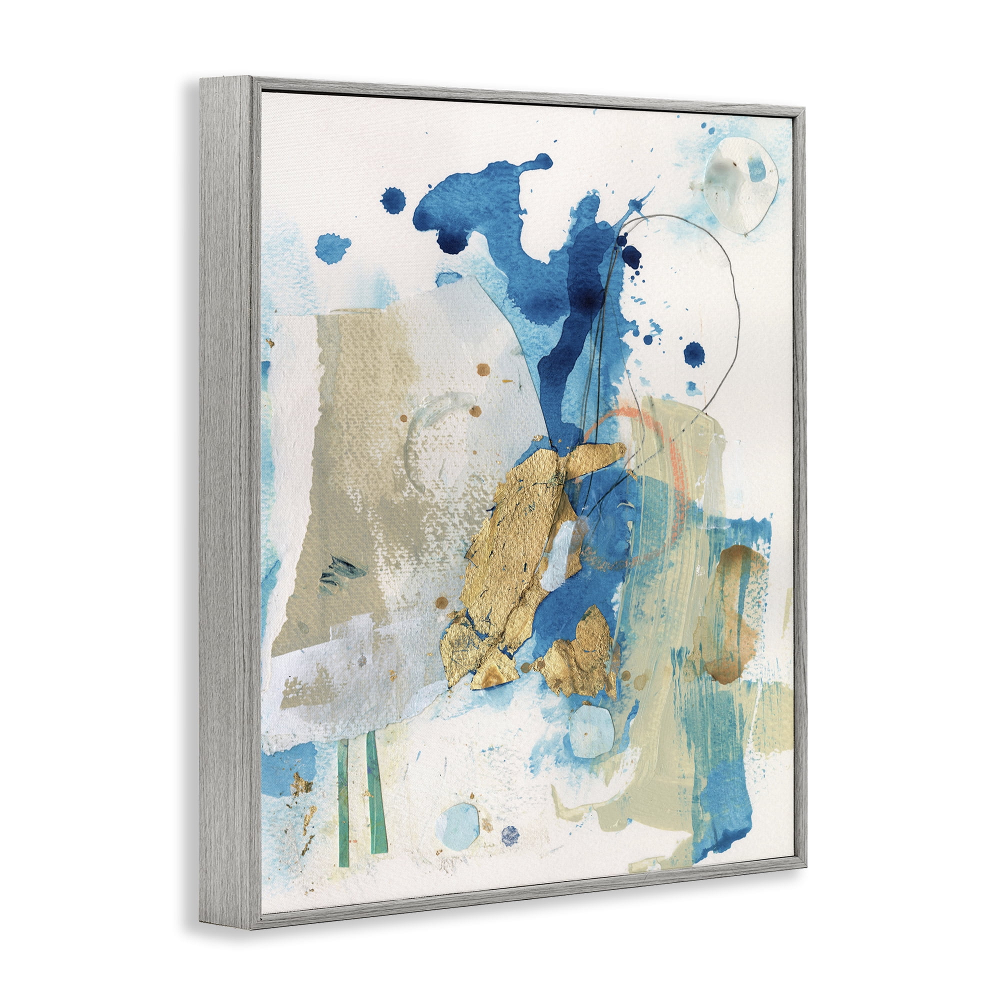 Stupell Industries Blue & Gold Splash Abstract Abstract Painting Gray Framed Art Print Wall Art, 11 x 14