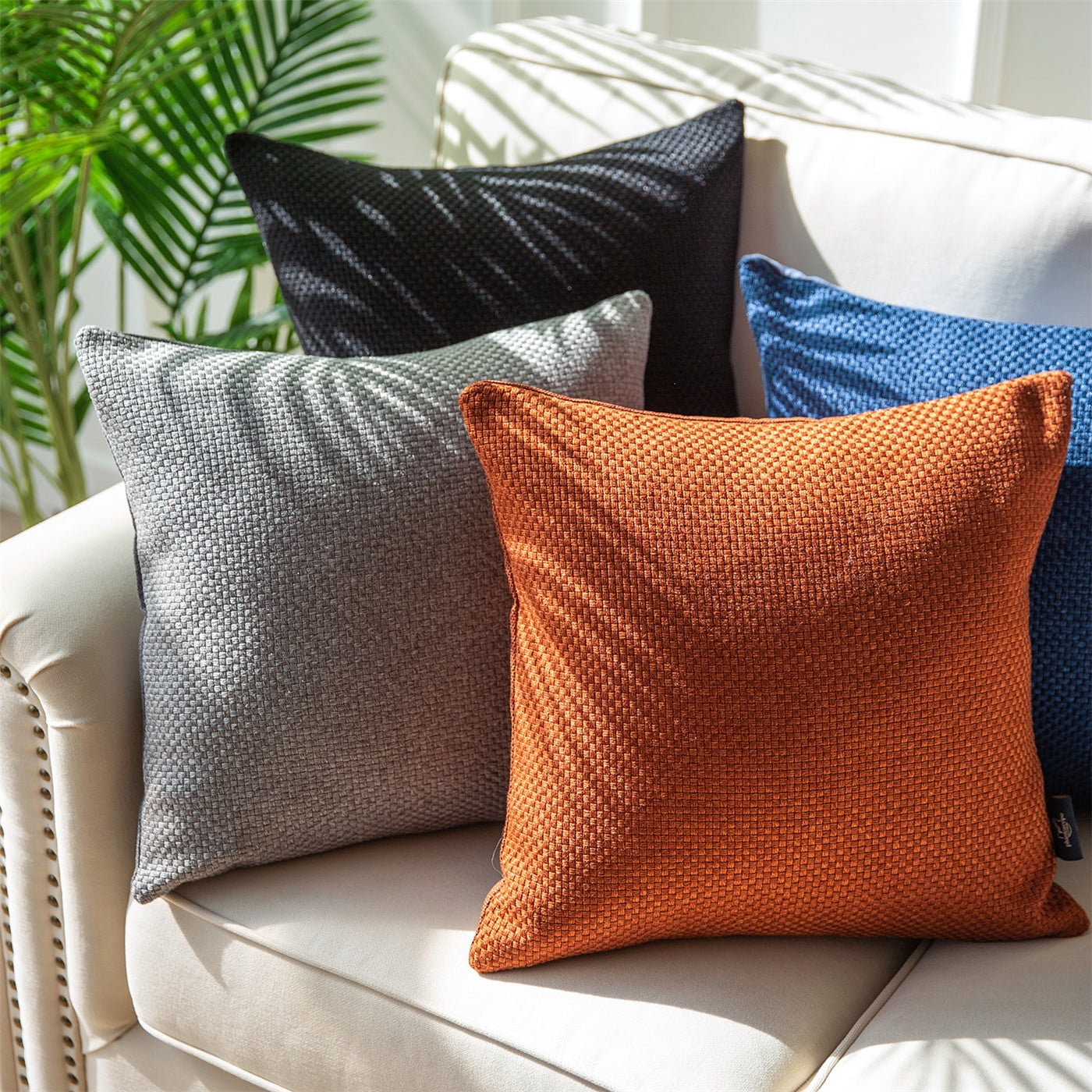 Phantoscope Woven Textured Checker Pattern Decorative Throw Pillows with Inserts, 18 x 18 in, Deep Coffee, 2 Pack