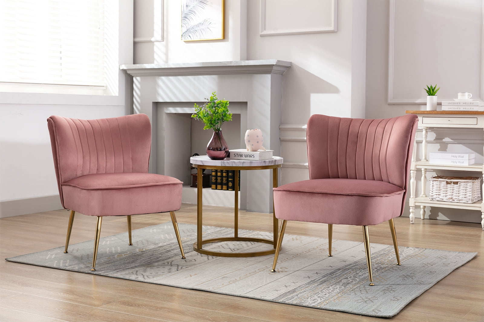 Guyou Modern Accent Chair Set of 2, Armless Slipper Chair Velvet Upholstered Lounge Chair, Wingback Single Sofa Side Chair with Gold Legs for Living Room Bedroom, Pink