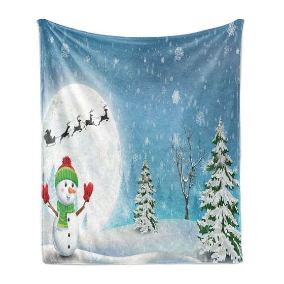 Christmas Soft Flannel Fleece Throw Blanket, Jolly Snowman Under Full Moon Waving to Santa Claus with Reindeer Sleigh Kids, Cozy Plush for Indoor and Outdoor Use, 50" x 60", White Blue, by Ambesonne