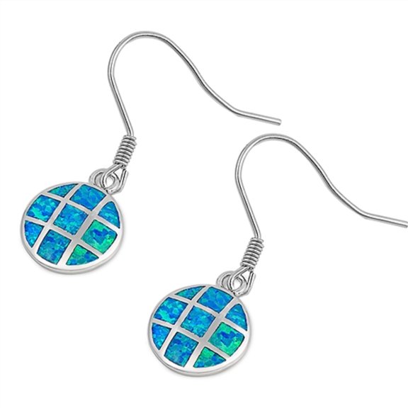 Blue Synthetic Opal Circle Design Dangling Fishhook Earring Sterling Silver