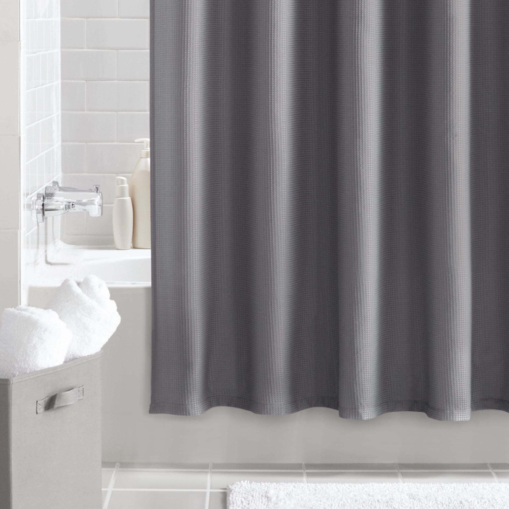 Mainstays Waffle Weave Fabric Shower, Grey Textured Shower Curtain