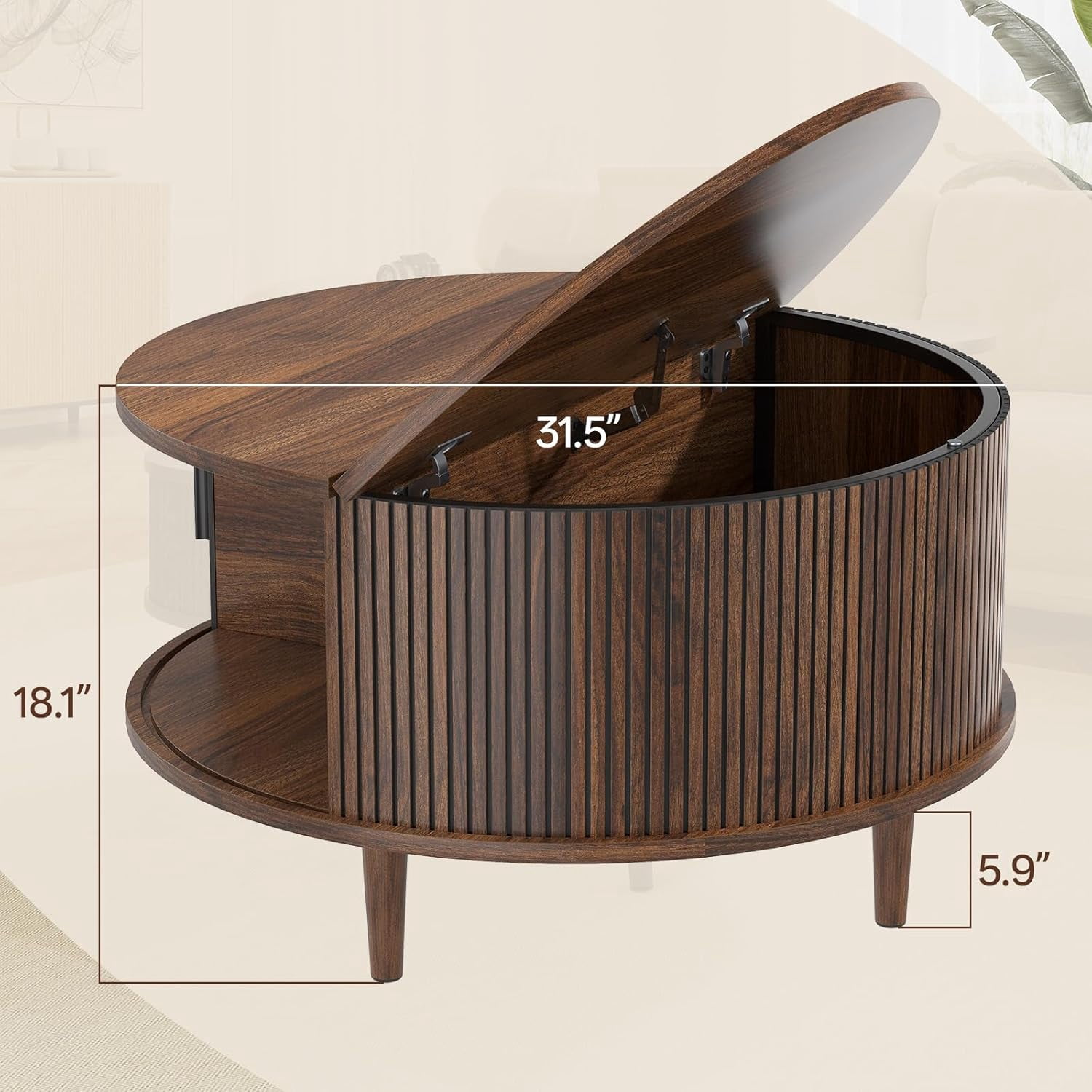 SELOOYE Mid Century Round Coffee Table, Fluted Center Table with Sliding Door, Modern Dining Table with Storage for Home Living Room Office, 31.5", Walnut