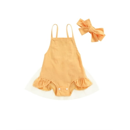 

Kuriozud Baby Halter Romper Headband Solid Color Mesh Yarn Triangle Jumpsuits