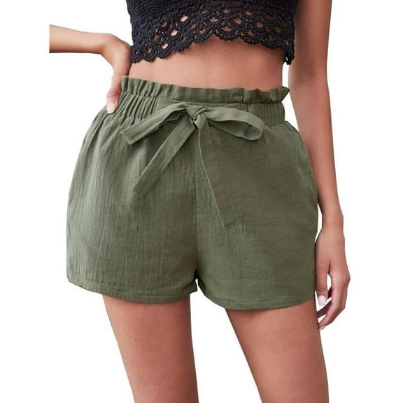 ShomPort Cotton Linen Shorts for Women Summer Cute Elastic Waist Lace up Baggy Wide Leg Shorts
