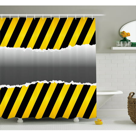 Construction Shower Curtain, Ripped Sign Working Site Danger Hazard Progress Caution Urban Pattern, Fabric Bathroom Set with Hooks, 69W X 70L Inches, Yellow Black Grey, by