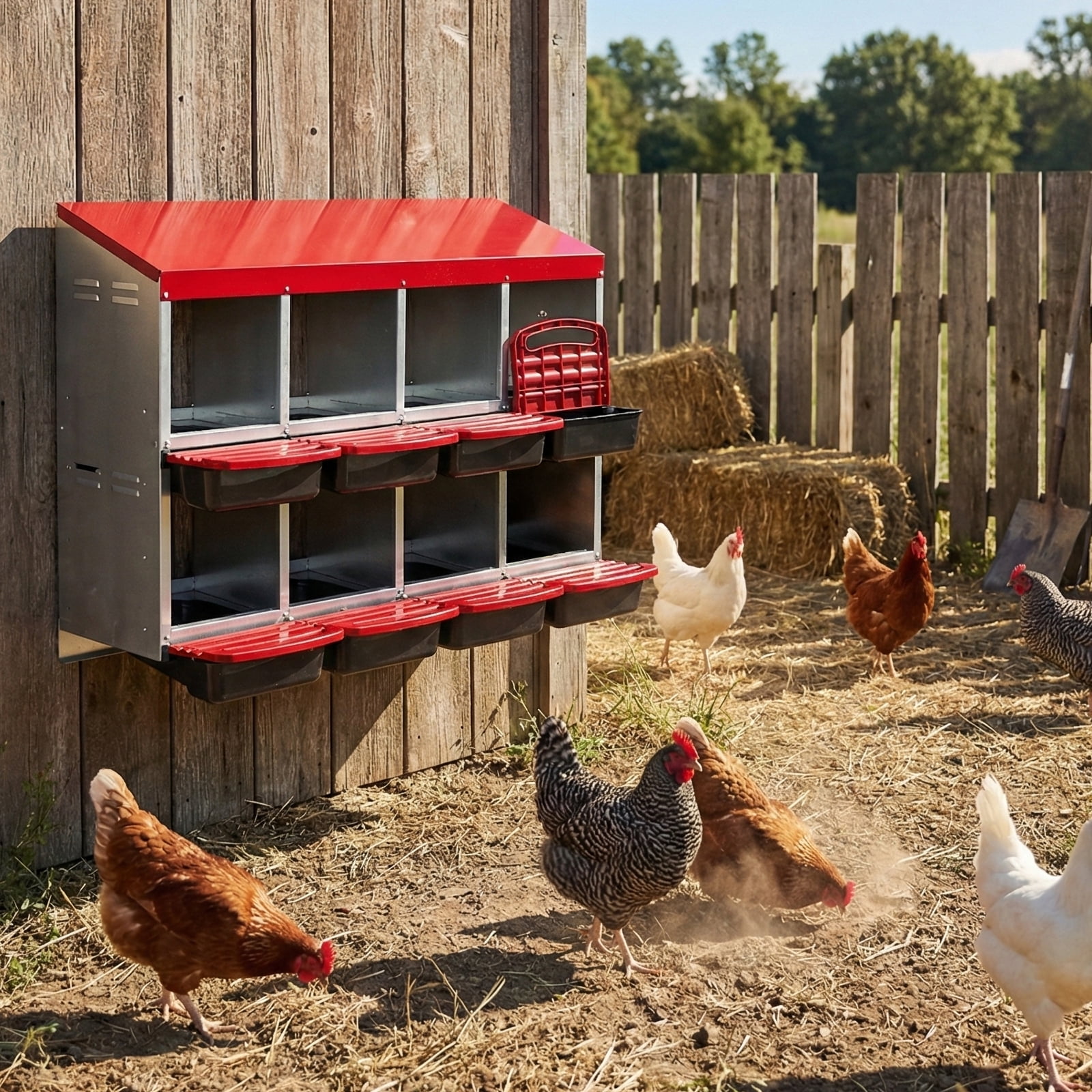 Chicken Nesting Box, 8 Compartment Roll Away Nesting Box for Laying Eggs, Wall Mount Chicken Nesting Boxes, Easy Egg Collection, Cleanable Pull Out Hen Roosting Boxes, 8 Holes, Red