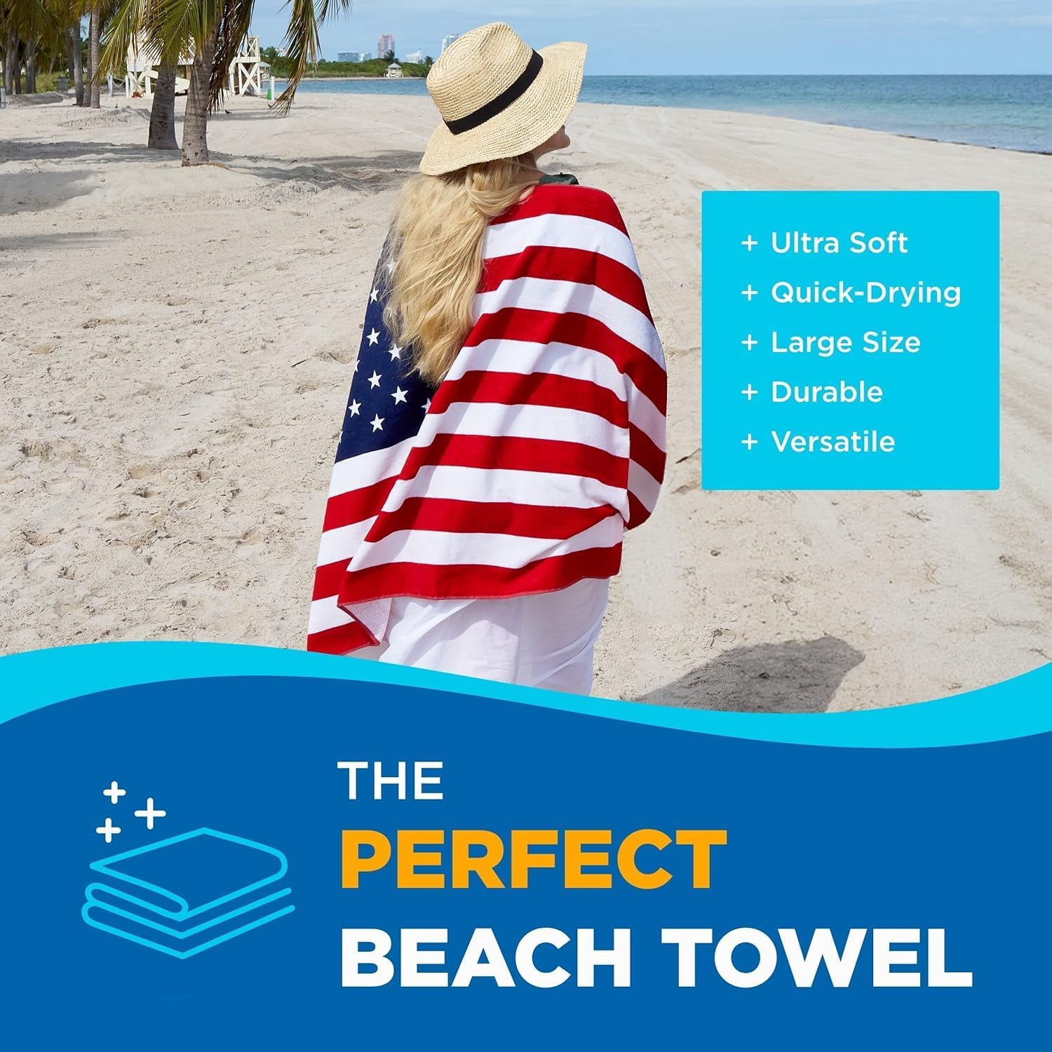 Kaufman $100 Bill and 4th of July American Flag Printed Beach Towel Set - 2 Towels 30" x 60