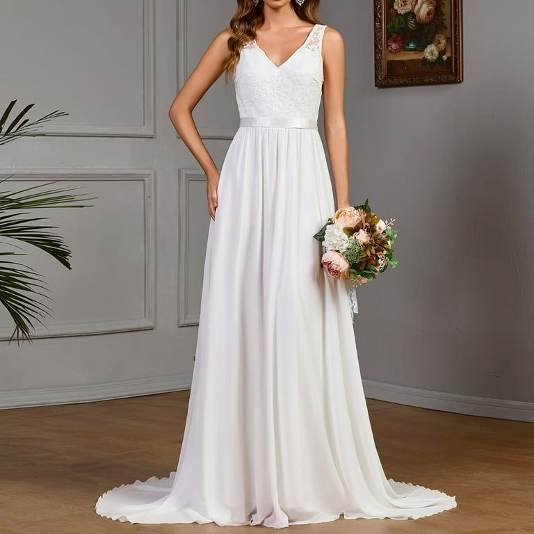 Long Dress Wedding Dresses for Bride Sleeveless Lace Chiffon White