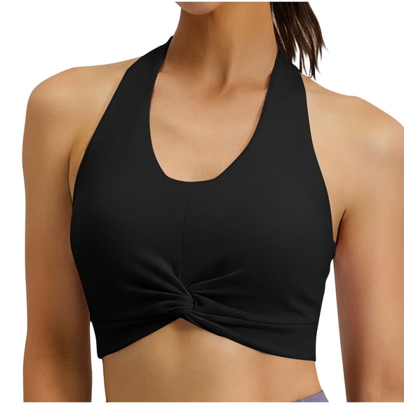 Women's Cropped Yoga Shirts Halter Neck Sleeveless Crop Top Built in Padded Bra Backless Pullover Tank Tops for Workout Running Black