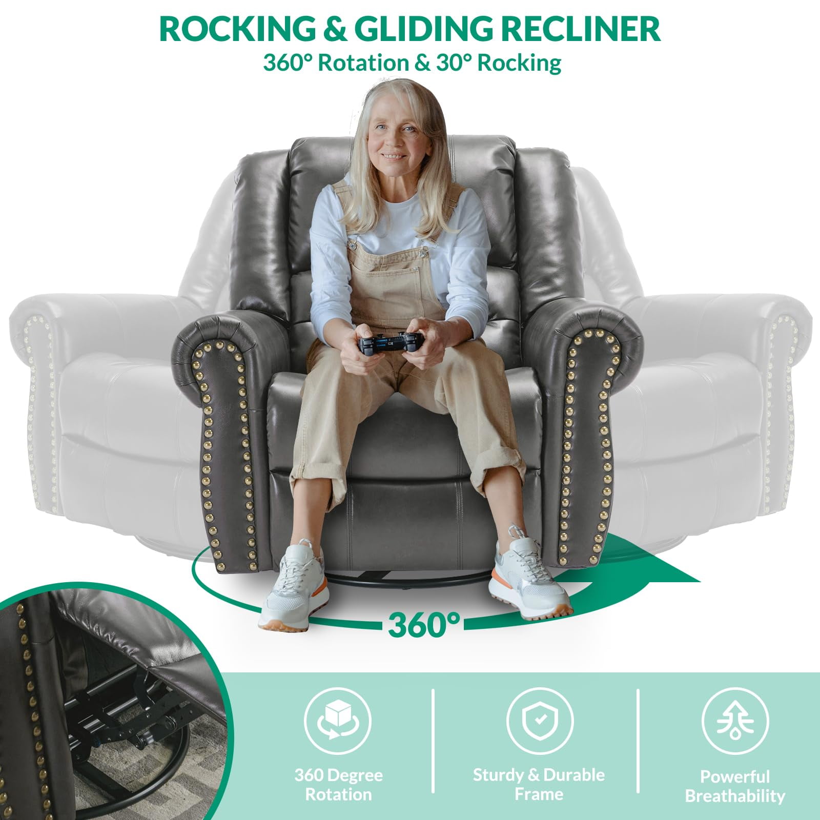 VIVIJASON Massage Swivel Rocker Recliner Chair with Heat & Vibration, 360° Swivel Manual Glider Rocking Reclining Chair with 2 Remote Controls, Side Pockets & USB Ports for Living Room, Gray