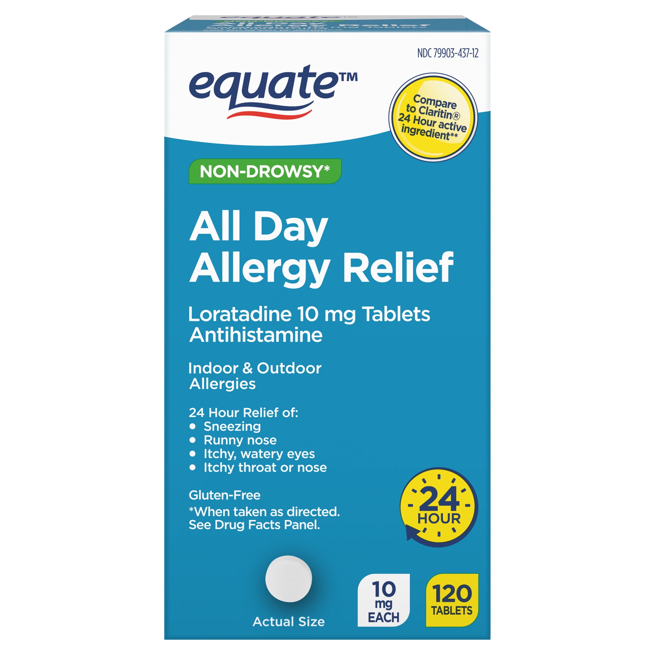 Equate Non-Drowsy All Day Allergy Relief Loratadine 10 mg Tablets Antihistamine, 120 Count, Compare to Claritin® 24 Hour Active Ingredient