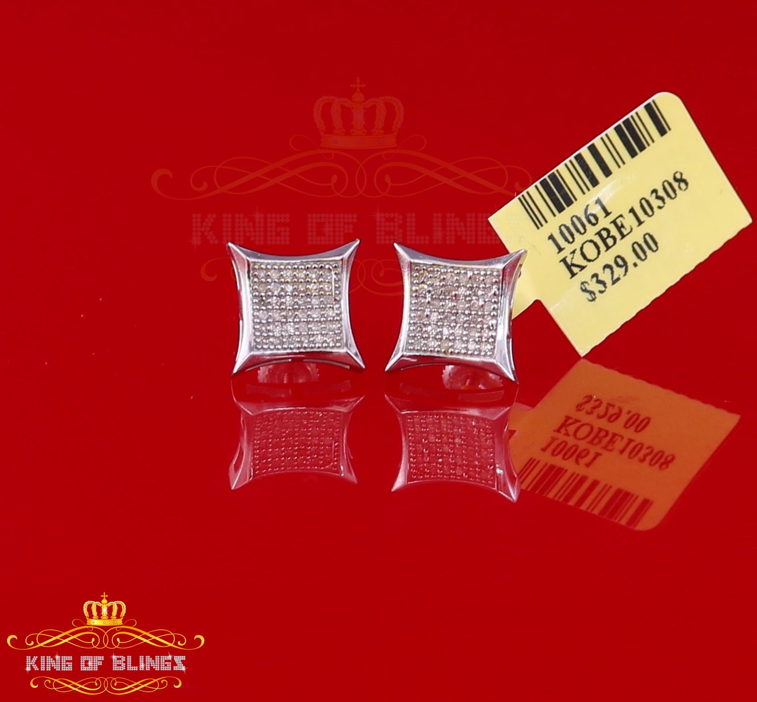 King of Bling's 0.20ct Diamond 925 Sterling Silver White Square Earrings For Men's / Women's
