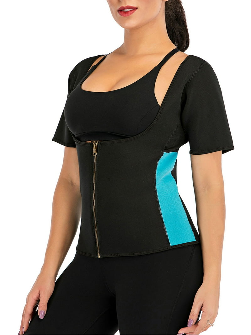 Women's Neoprene Sauna Suit Short Sleeves Waist Trainer Zipper