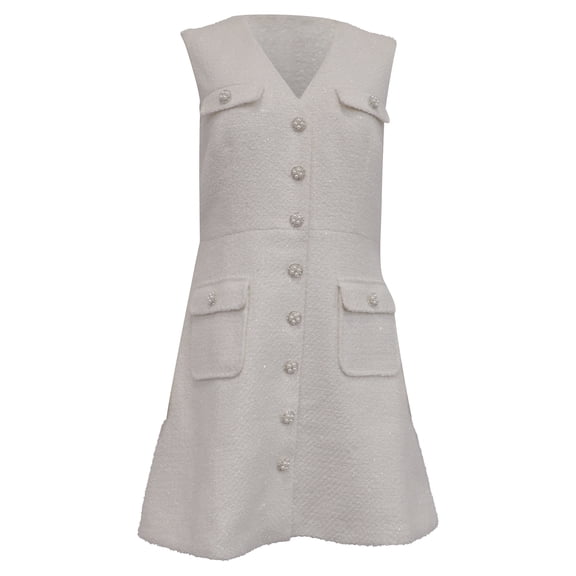 Pre-Owned Self-Portrait V-Neck Tweed Mini Dress in White Polyester