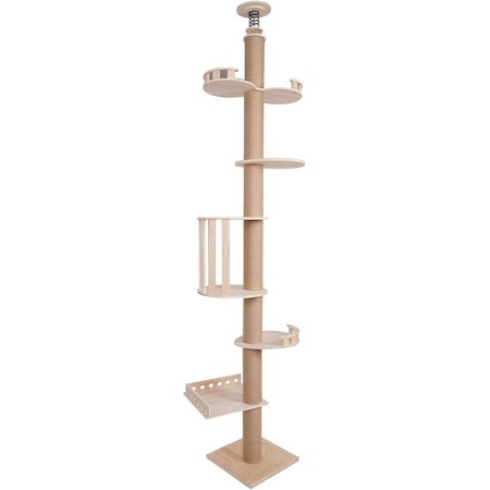 Cat Climbing Tower, Natural Sisal Rope Scratching Post Adjustable Tall Cat Activity Tree, Floor to Ceiling cat Tree,100.4-104.3" Tall Wood Cat Tower Tree Wall with Sisal Scratching Climbing Posts