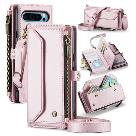 Crossbody for Google Pixel 8 Case Wallet?RFID Blocking?with 10-Card Holder Zipper Bills Slot, Soft PU Leather Magnetic Shoulder Wrist Strap for Google Pixel 8 Wallet Case Women, Pink
