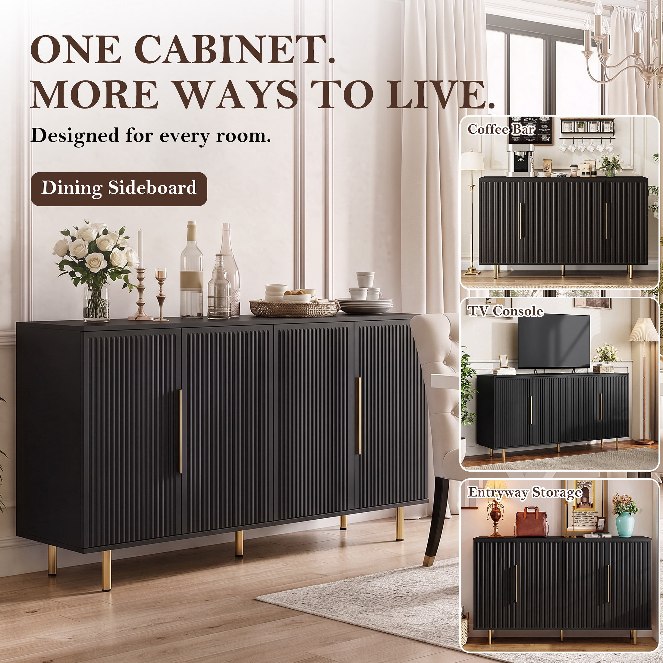 PORKISS Sideboard Buffet Cabinet with Storage, Fluted Credenza Cabinet with Gold Handles, Modern Console Table with Adjustable Shelves for Living Room, Dining Room, Black