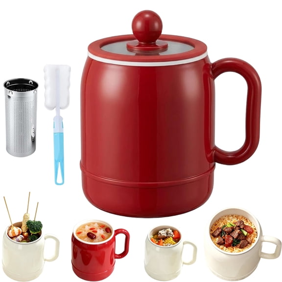 800ml Multi-function Portable Electric Stewing Cup,6-in-1 Pot Ceramic Electric Kettle Tea Kettle Water Boiler Tea Maker,With 12h Long Keep Warm (Red)