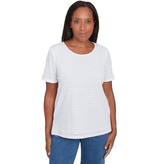 Alfred Dunner Womens Petite Textured Chevron Lace Back Tee