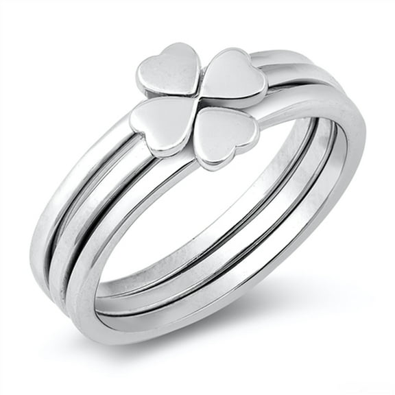 Cute Triple Stack Good Luck Clover Heart Ring .925 Sterling Silver Band Jewelry Female Male Size 5