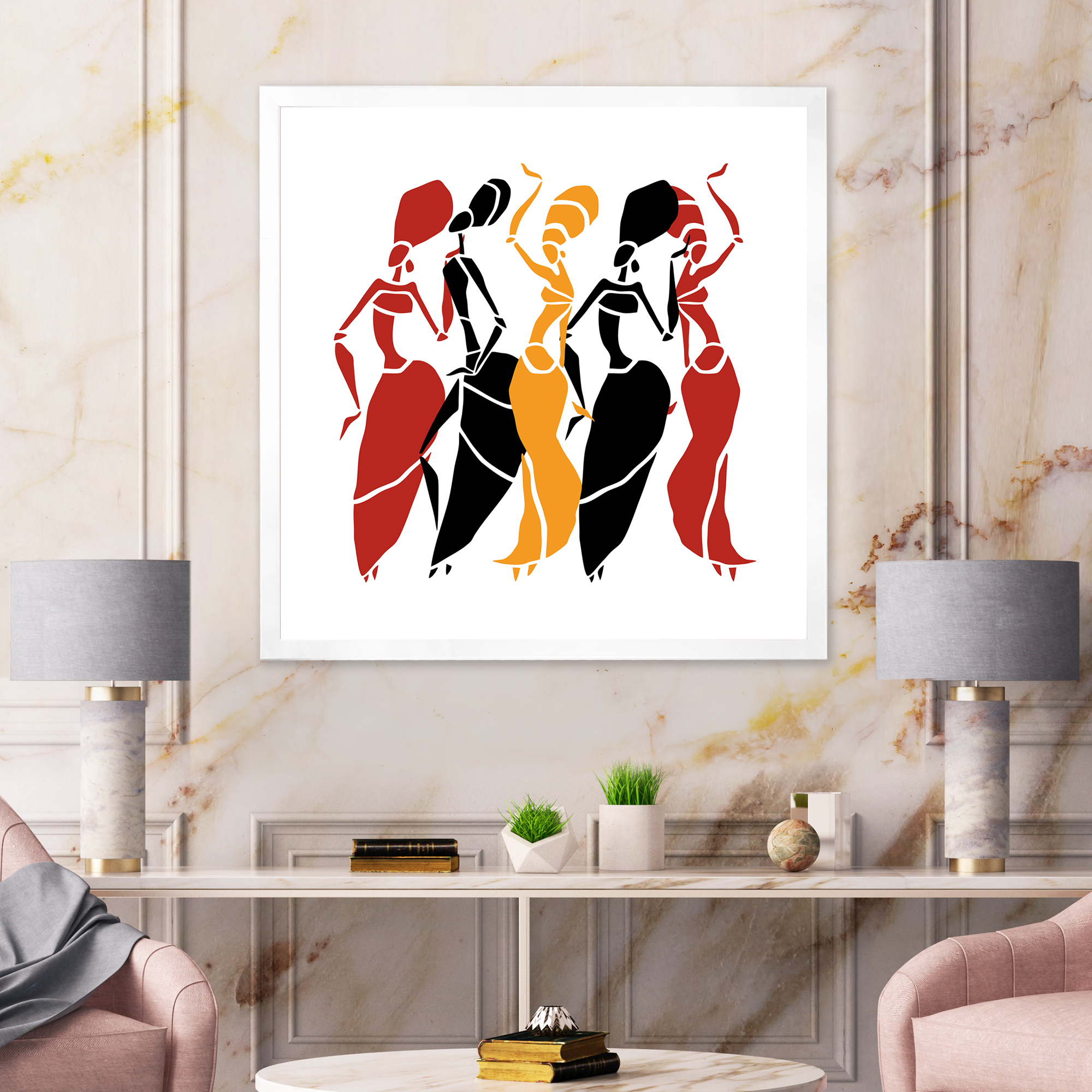 Designart 'Beautiful Red Black and Yellow Dancers Afro American Silhouettes' Modern Framed Art Print