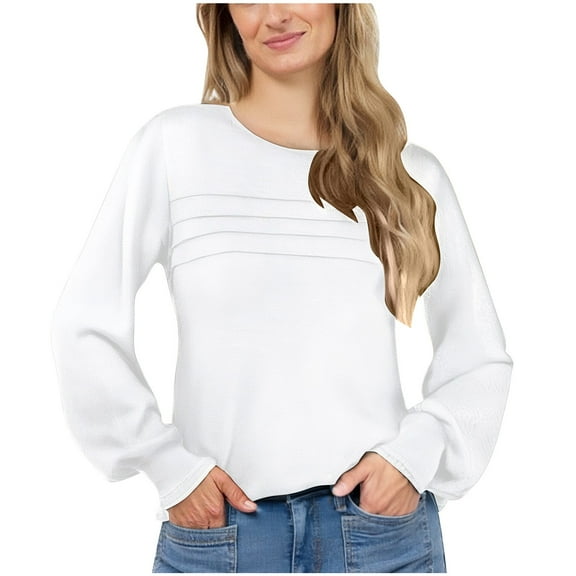 aidice Tops for Women Casual Round Neck Long Puff Sleeve Tee Shirts Loose Smocked Comfy Ruched Shirts