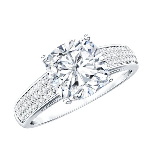 Rosec Jewels Cushion Cut Moissanite Engagement Ring with Side Stones (8 mm, 3 Carat, D-VS1 Quality Certified) - with Jewelry Box, 925 Sterling Silver, US 4.00