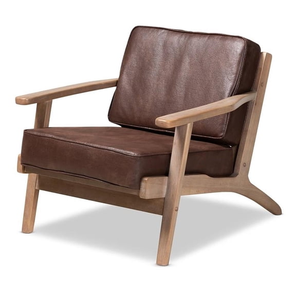 Bowery Hil Dark Brown Faux Leather Antique Oak Finished Wood Armchair