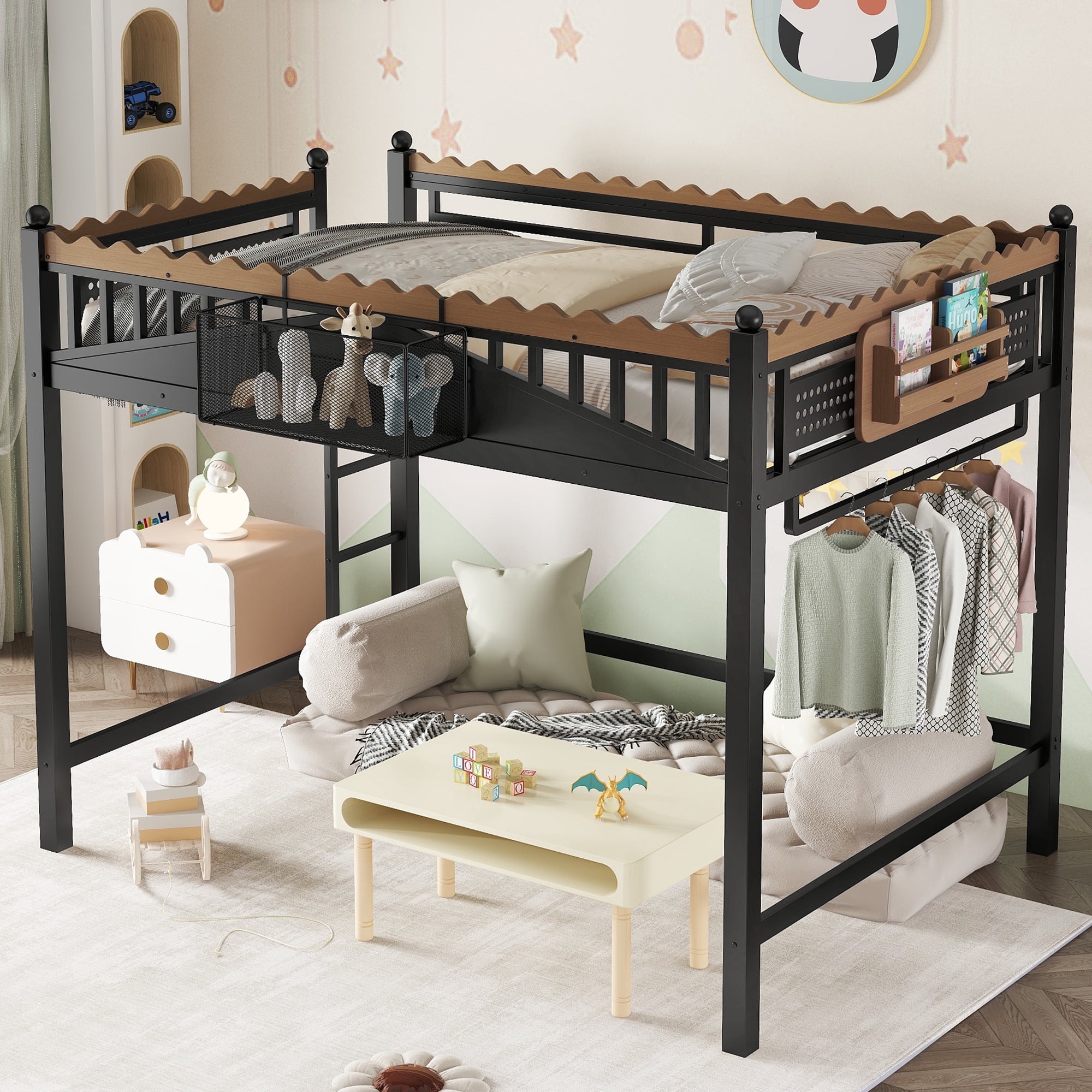 Leumius Full Size Loft Bed,Metal Loft Bed with Storage Baskets and Bookshelf,High Loft Bed with Large Under-Bed Space,No Box Spring Needed,Black