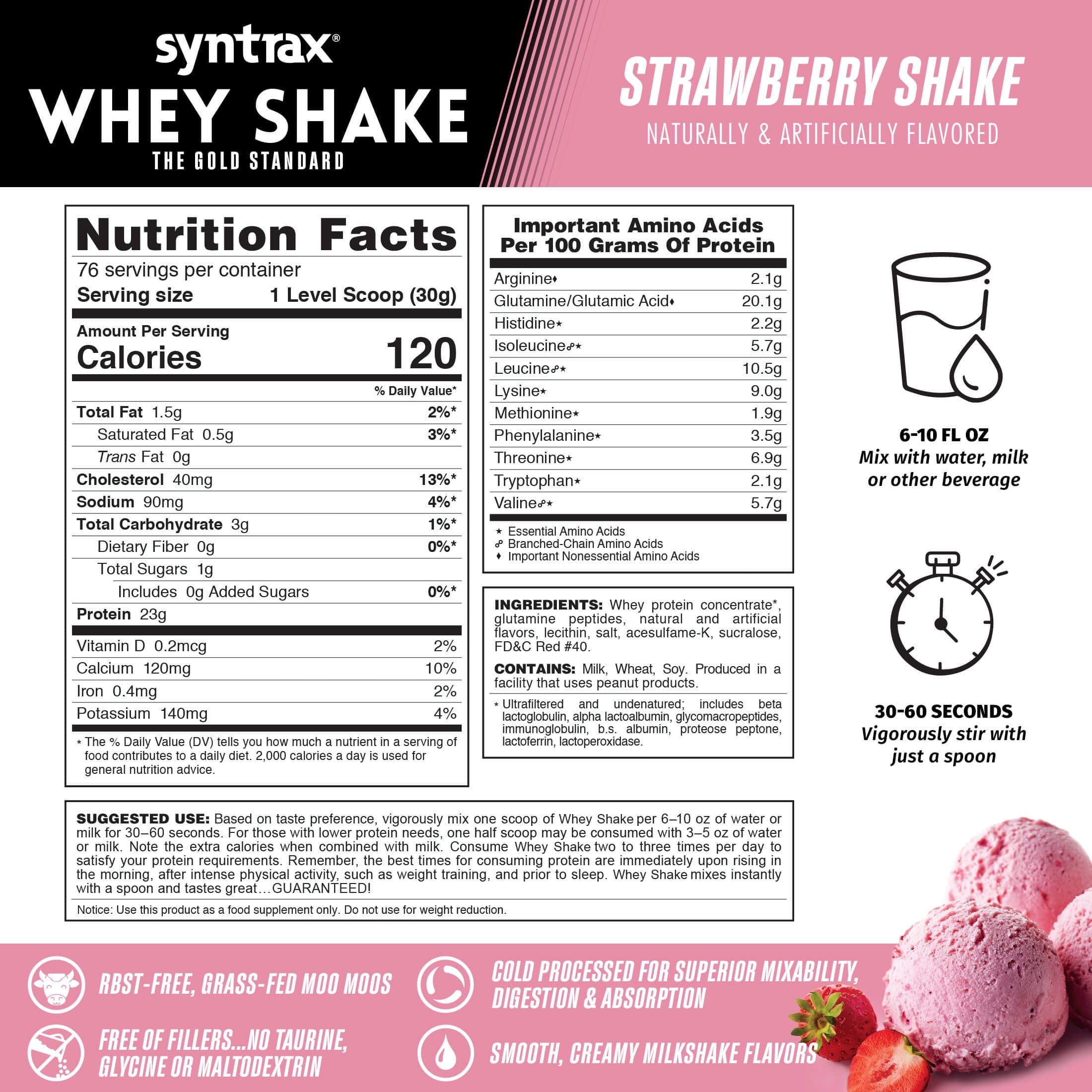 Syntrax Whey Shake, Strawberry Shake, 5 lbs. Cold Filtered & Undenatured Whey Protein Blend, offers a Delicious Milkshake Texture & Flavor