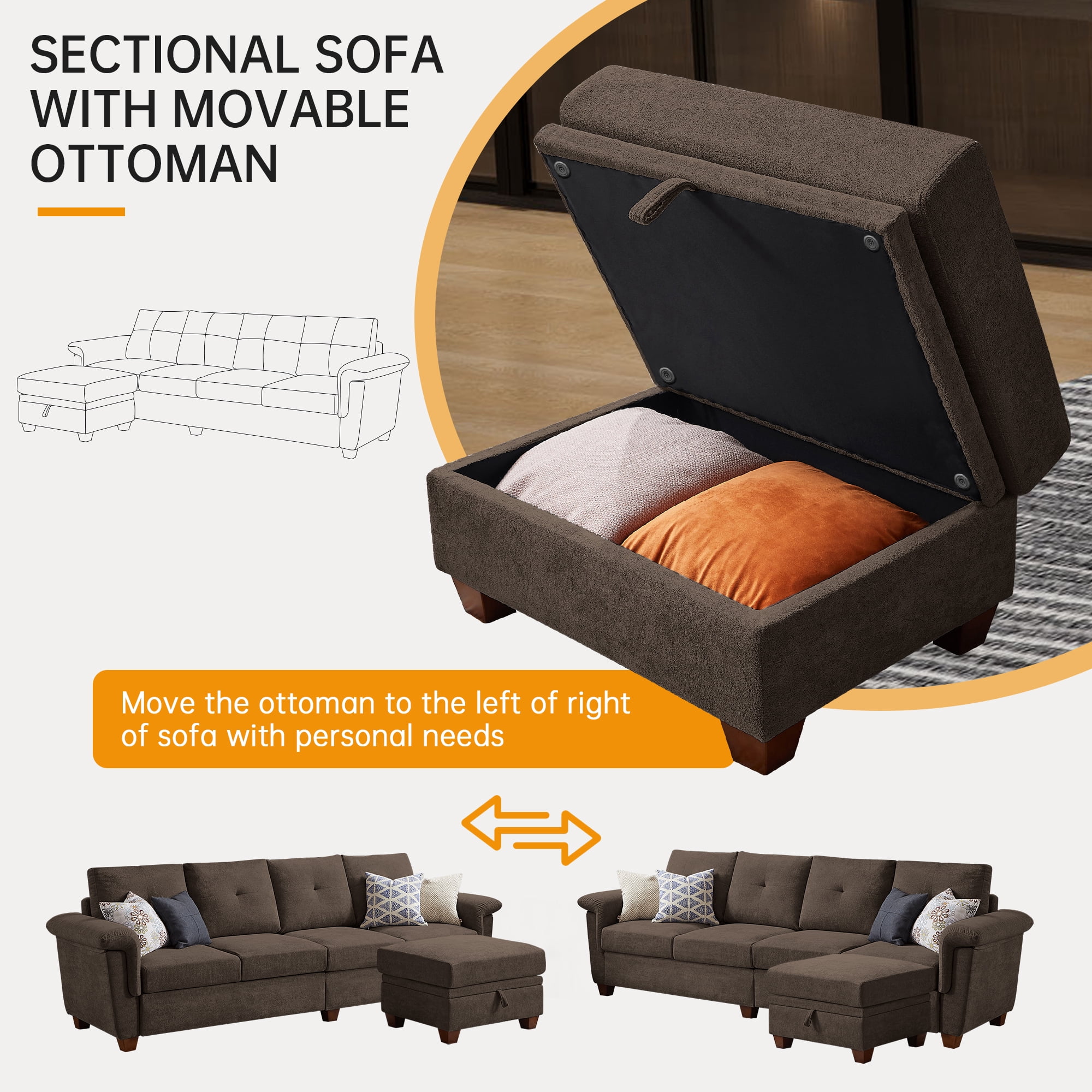 Jarenie Modern Microfiber Armchair, Convertible Sectional Sofa with Storage, 4 Seat L Shaped Couch, Dark Coffee