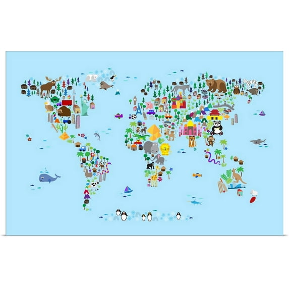 Great BIG Canvas | "Animal Map of the World for children, Light Blue" Art Print - 48x32