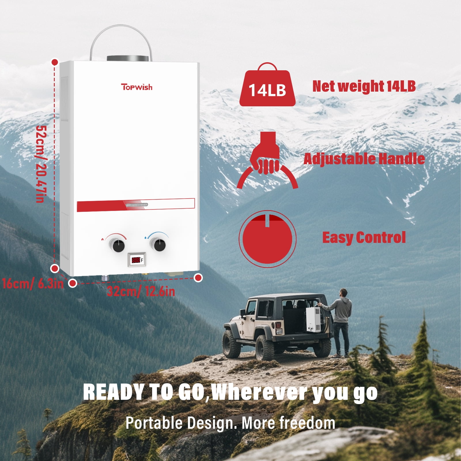 TOPWISH 8L Tankless Propane Water Heater, 2.11 GPM Portable Camping Hot Water Heater, 54,500 BTU, Digital Display, 6-in-1 Safety Protection, Battery-Powered for Outdoor RV Shower & Cabin