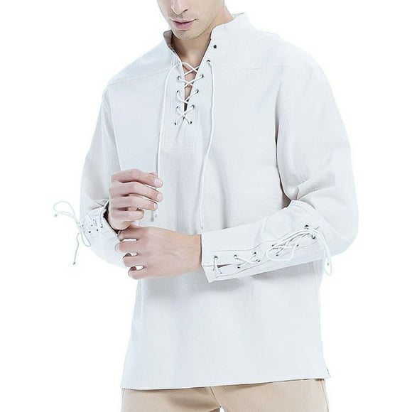 Lovzfmll Men's Casual Solid Color Linen Cotton Long Sleeve Beach Stand Collar Henley Shirt Top for Summer Breathable Style White, L