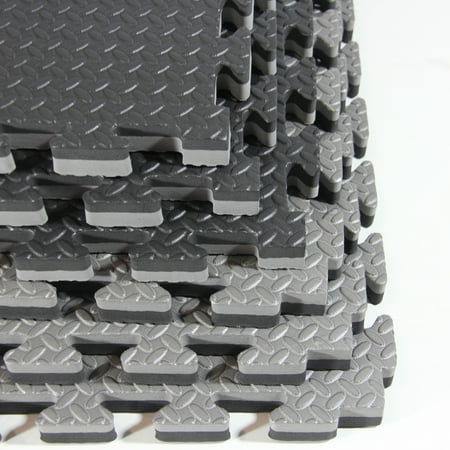 Clevr 1" Extra Thick Reversible Interlocking EVA Gym Foam Floor Mat Tiles, Black/Grey - 12 pcs (24" x 24") Covers 48 sqft |1 Yr Limited Warranty