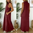thumbnail image 4 of Hduncf Casual Dresses for Women Summer Sleeveless V Neck Cotton Linen Sundress Solid Color Collared Button Up Beach Maxi Dress Red S, 4 of 5