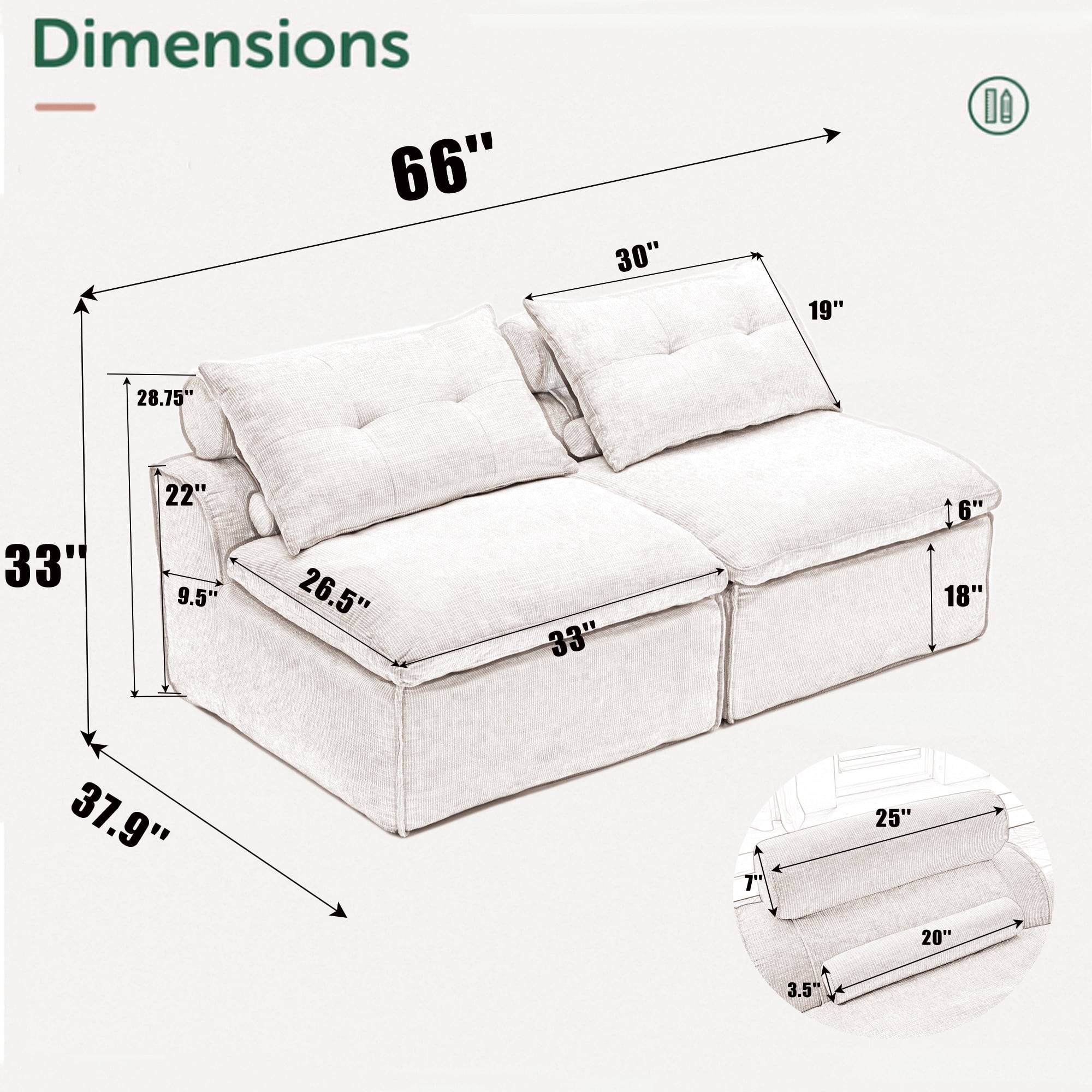 Miniyam Modular Floor Sofa with Lumbar Pillow, Armless Chenille Lounge Chair for Small Spaces, Gray