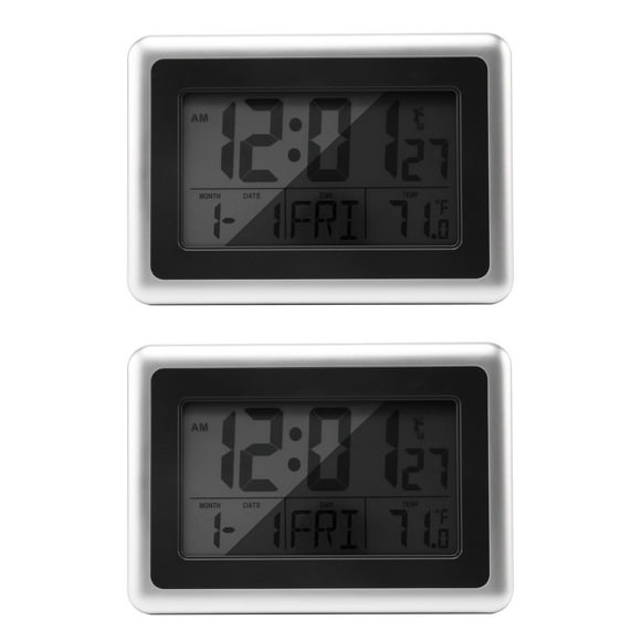2X Atomic Digital Wall Clock, Large Lcd Display, Battery Operated, Indoor Temperature, Without Back Light (Silver)
