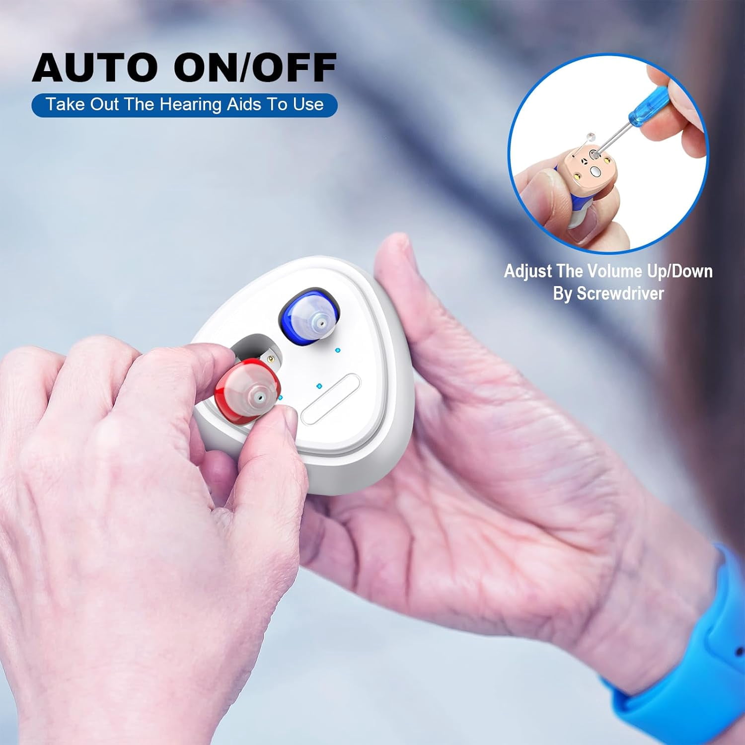 Rechargeable Hearing Aids For Seniors With Noise Canceling,Hearing Amplifier For Adults,Digital In Ear Hearing Aids, Hearing Assist Devices With Volume Control Magnetic Contact Charging Box,Blue&Red