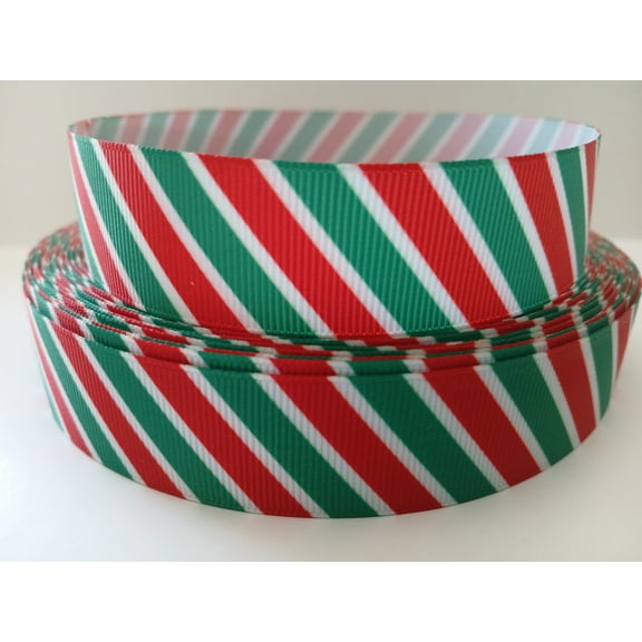 Grosgrain Ribbon Printed Christmas Diagonal Red Green White Stripes 3 Yards 1 Inch Wide