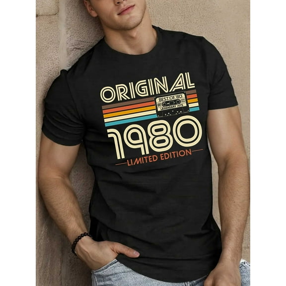 Men'S Retro 1980 Limited Edition Graphic T-Shirt - Casual Short Sleeve Summer Top with Colorful Stripes & Bold Typography, Lightweight Polyester Blend for Casual Attire, Vintage T Shirts