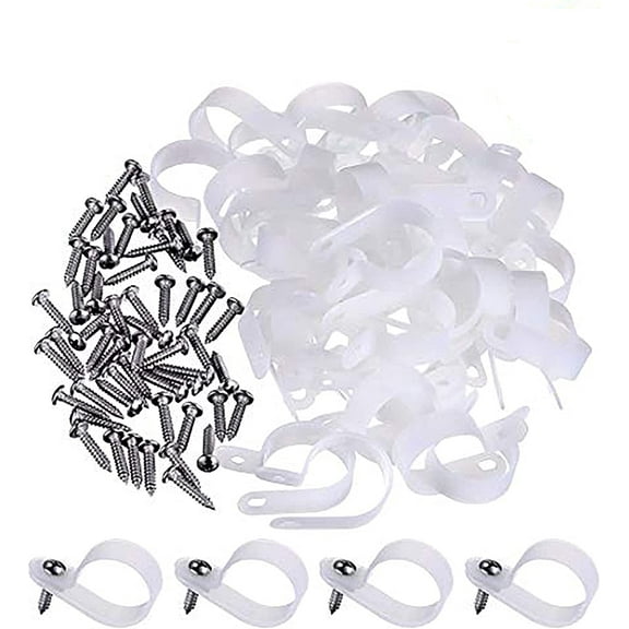 50 Pack R-Type Cable Clip Wire Clamp, White Nylon Screw Mounting Electrical Grip Wire Clips with 50 Pack Screws for Wire Management (1 Inch)