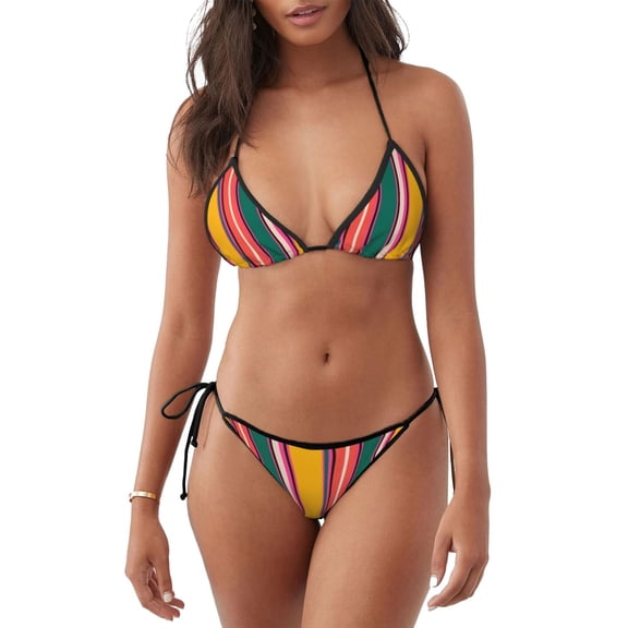 Rateoe Vertical Stripes Print Women’s Bikini Swimsuits, Adjustable Bikini Set,Two-Piece Swimwear Removable Padding Bikini