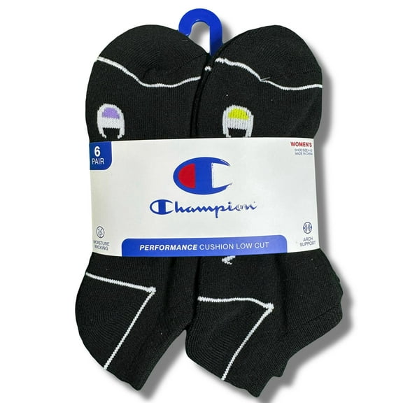 CHAMPION SOCKS WOMEN'S - LOW CUT - 253 BLACK BLACK - SHOE SZ 4-10 PACK 6