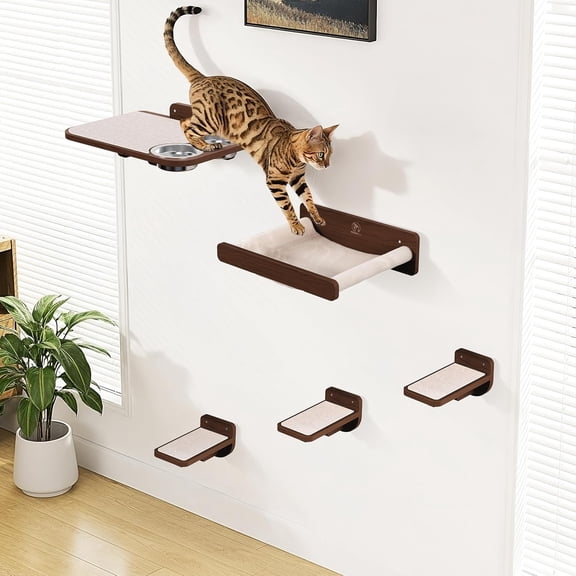 Space-Saving Cat Wall Shelves with Hammock and Dog-Proof Feeding Station for Small to Medium Cats Solid Walnut Wood Beige Carpet