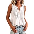 thumbnail image 6 of CYMMPU Women's Sleeveless Crinkle Linen Tank Top, V Neck Pleated Henley Button Front Relax Summer Blouse White S, 6 of 7
